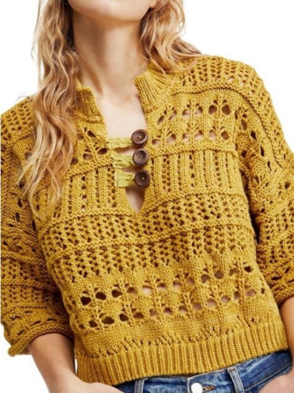 Free People Mustard Open-Knit Button-Front Sweater